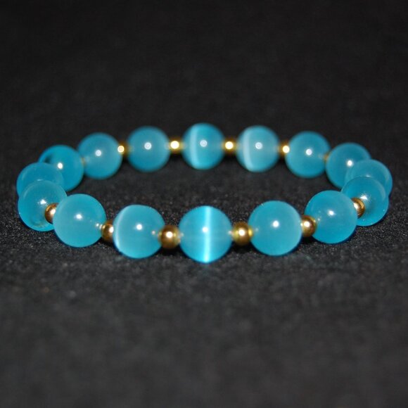 Blue Cat Eye Bracelet,Blue Bracelet,10mm Blue Cat Beaded Bracelet,Special,Lovely - Picture 2 of 4
